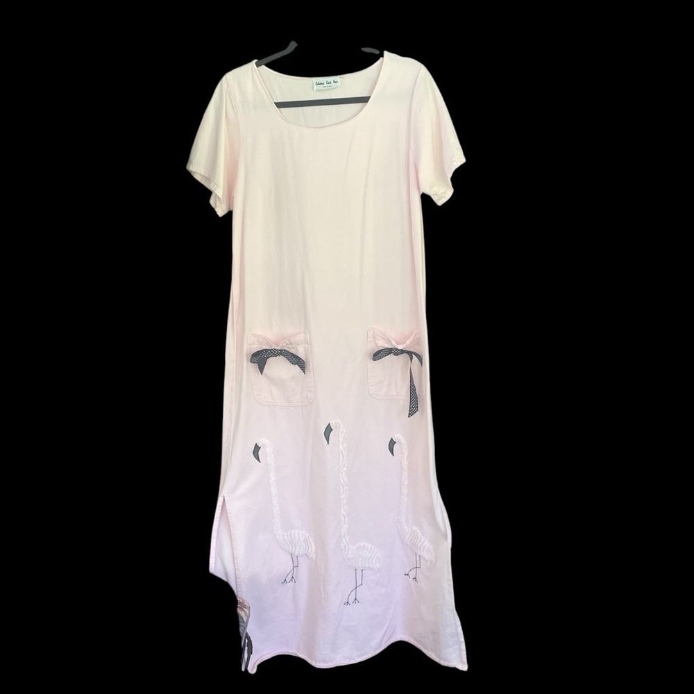 Vintage Shane Lee Pink Flamingos 100% Cotton Long Maxi Dress Women's Size Small